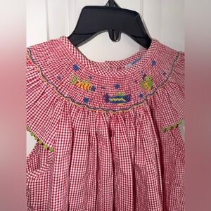 Two Friends Red Gingham Smocked Bishop Dress With Fish Embroidery Size 8